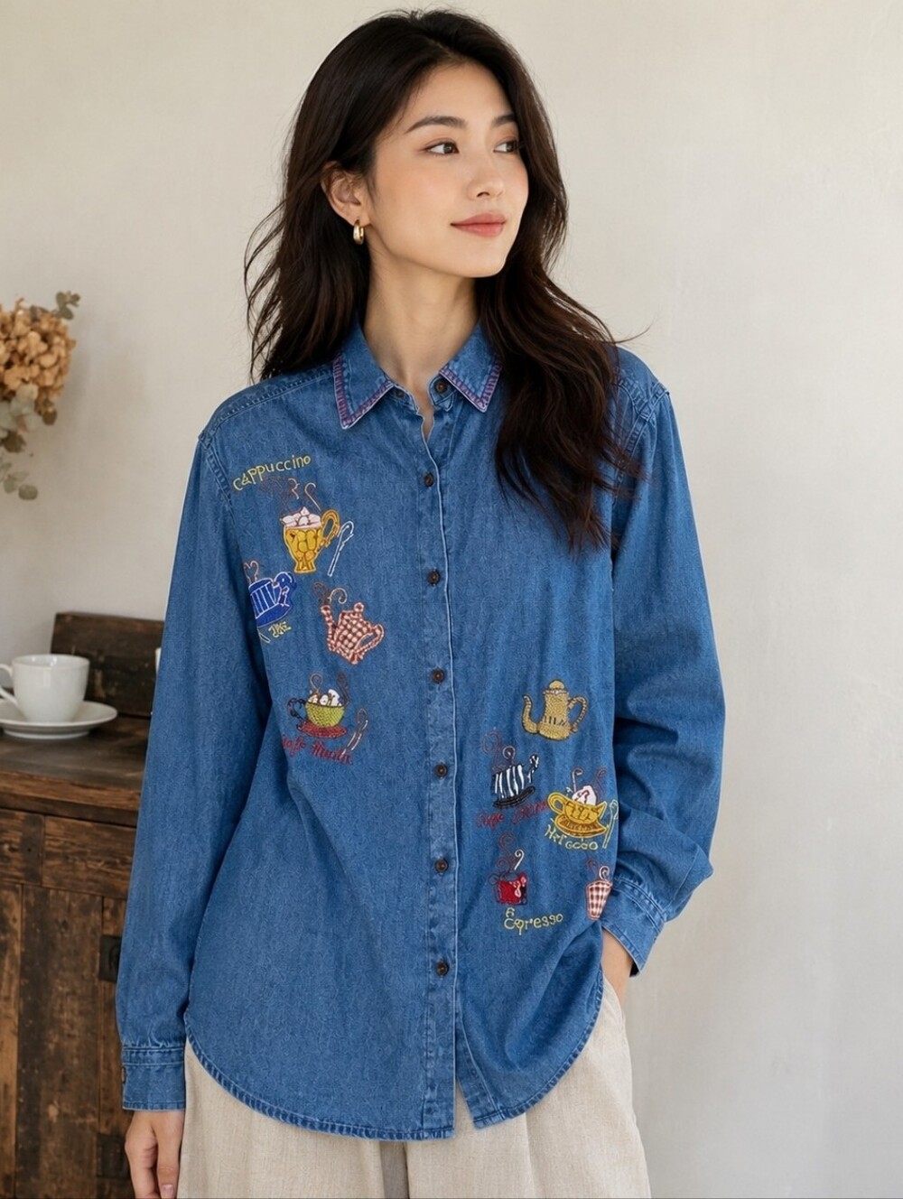 Bobbie Brooks Vintage 90s Embroidery L Coffee Cup Denim Button Shirt Cottagecore